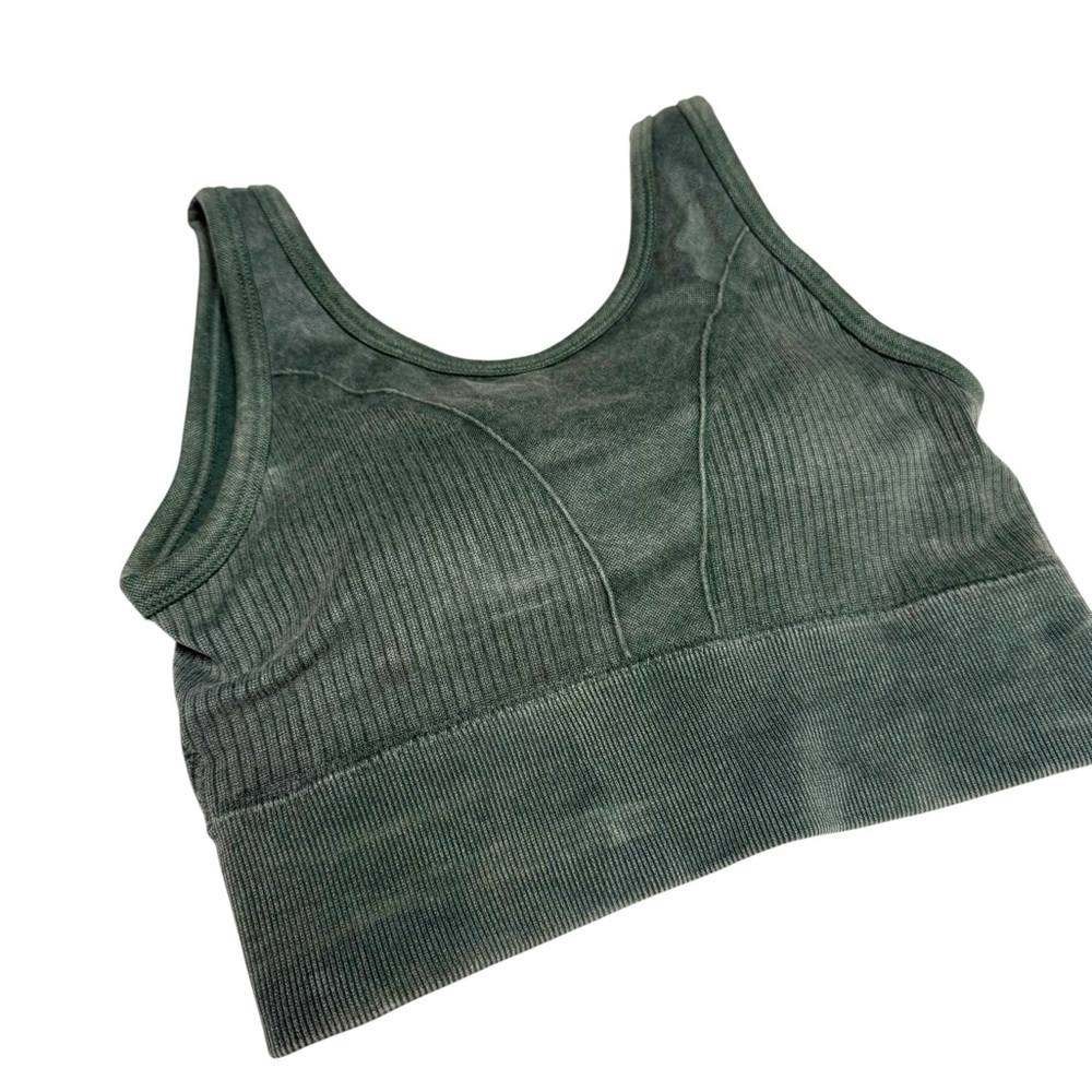 Acid Wash Green Ribbed Women's Seamless Sports Bra Removable Pads